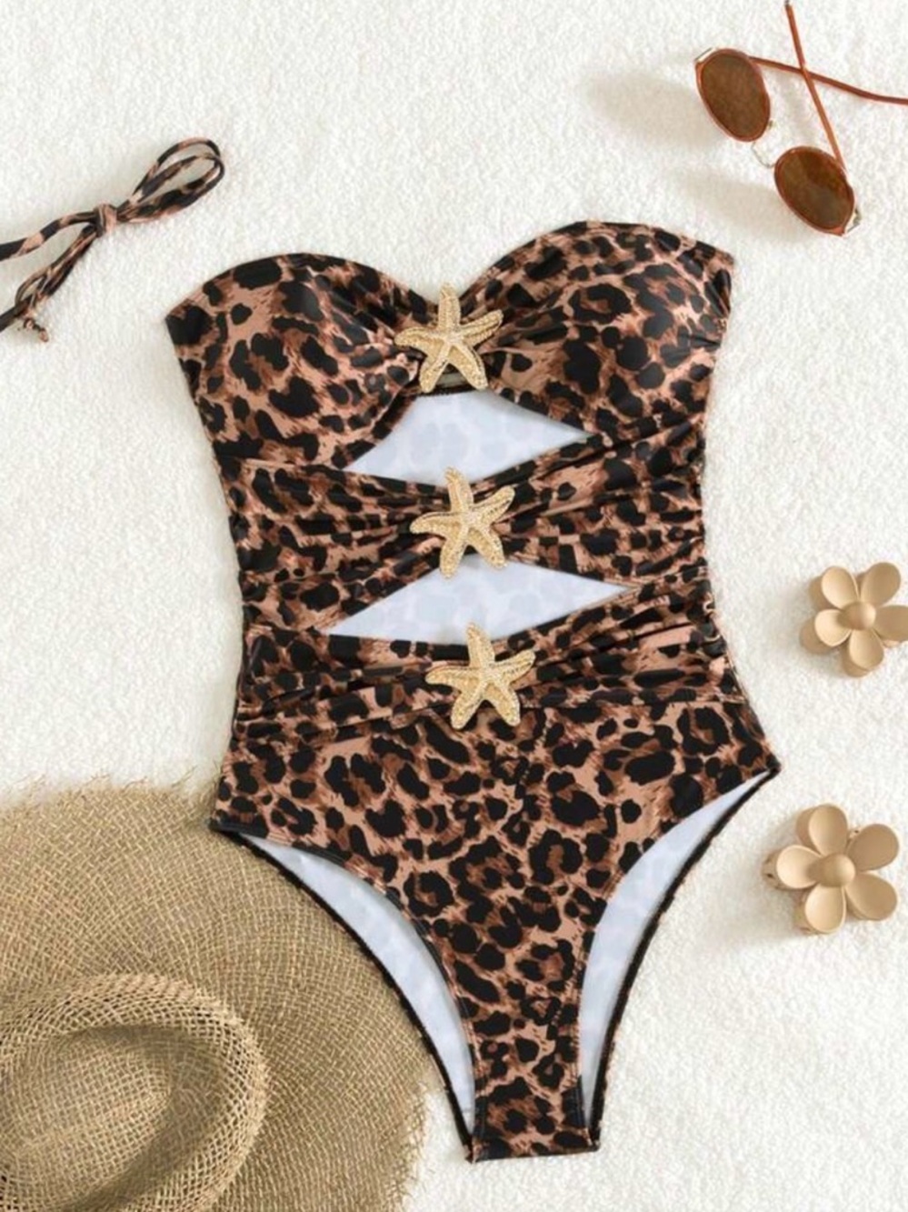 SHEIN Leopard Print Cutout One-Piece Swimsuit with Starfish Accents - Brown - Picture 12 of 13